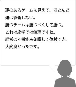 運のあるゲームに見えて、ほとんど運は影響しない。勝つチームは勝つべくして勝つ。これは座学では無理ですね。経営の４機能も俯瞰して体験でき、大変良かったです。